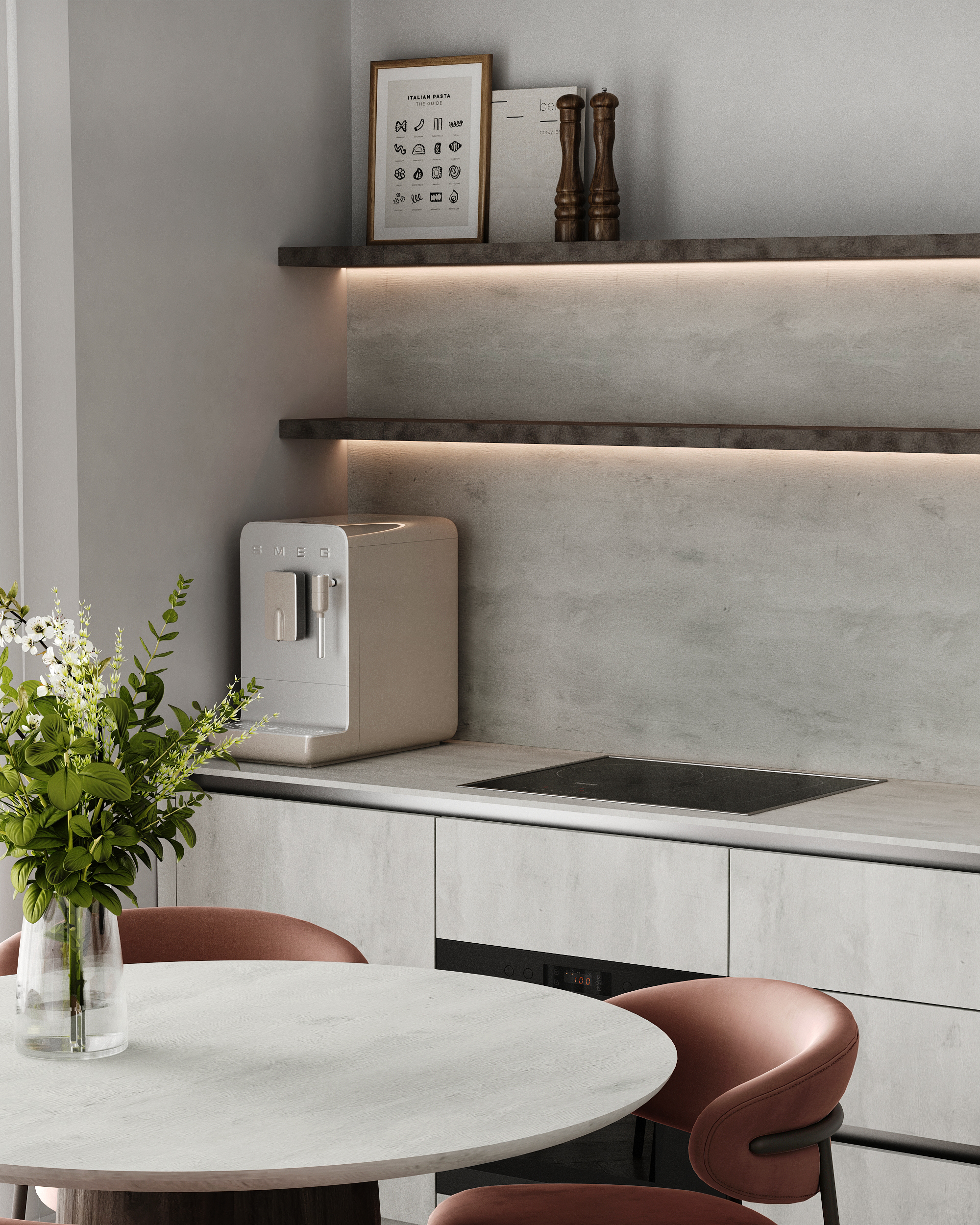 Kitchen run with a coffee machine and a round dining table with dusty-pink chairs