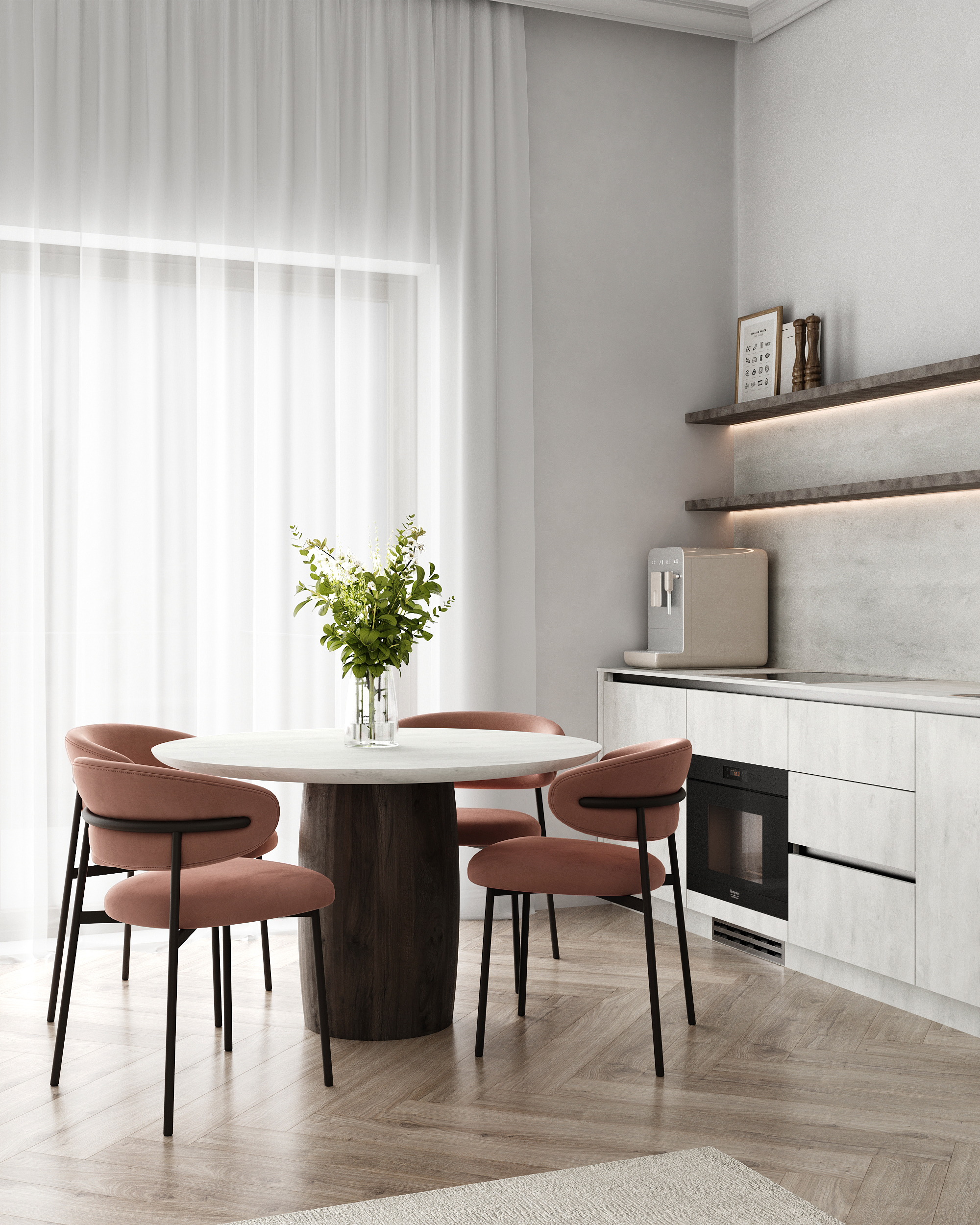 Round dining table at a floor-to-ceiling window, kitchen run behind