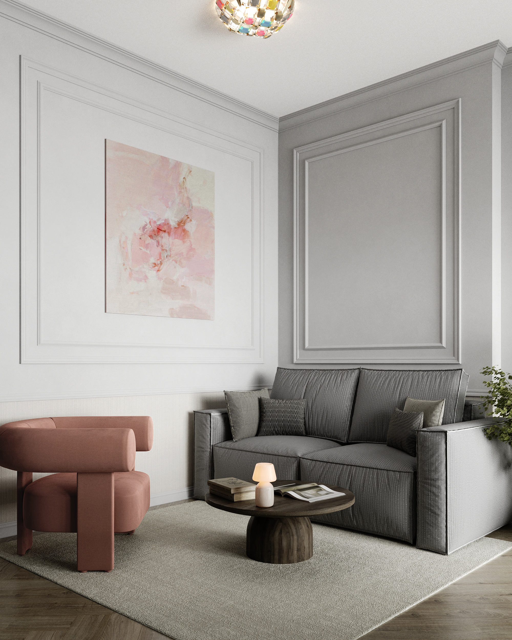 Living area with a sofa, armchair and stucco ceiling