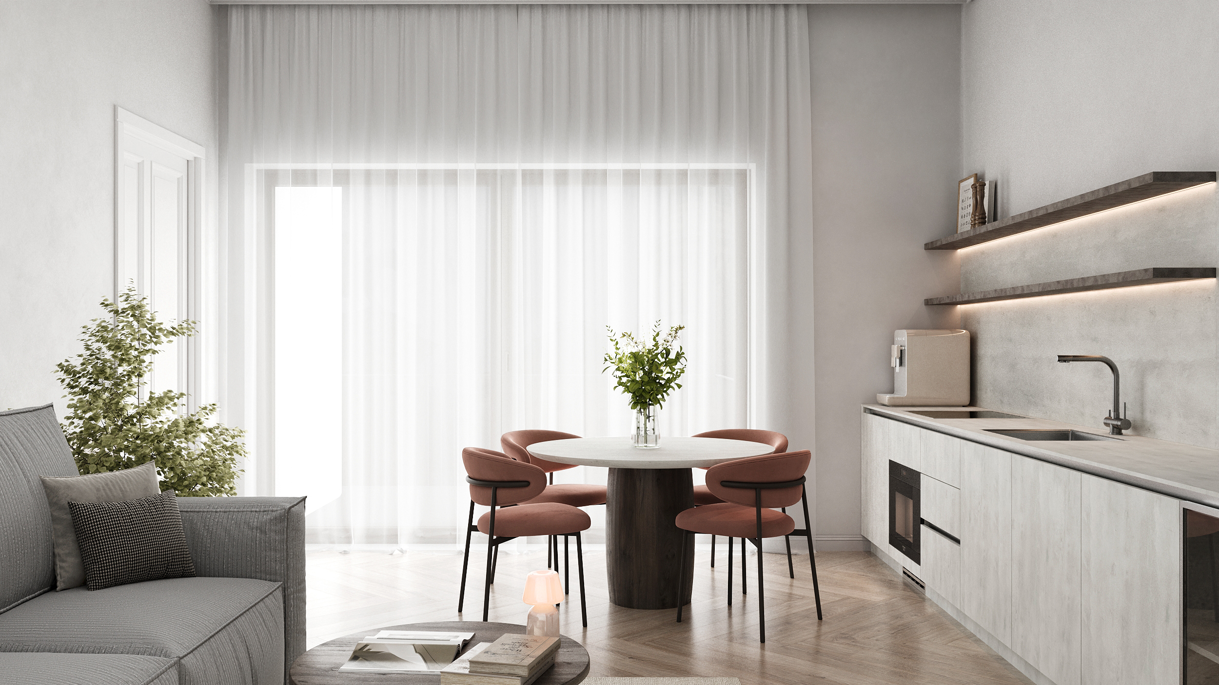 Dining area at a floor-to-ceiling window, sofa to the left, kitchen run to the right