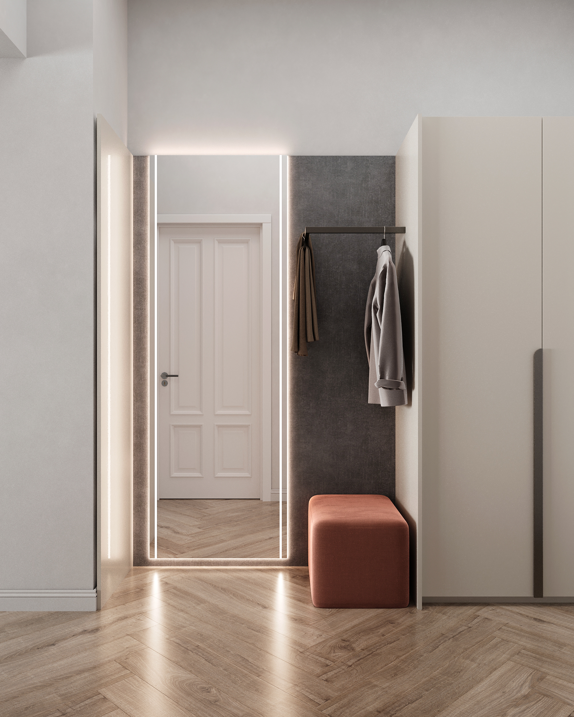 Entrance with an illuminated full-length mirror and a terracotta ottoman