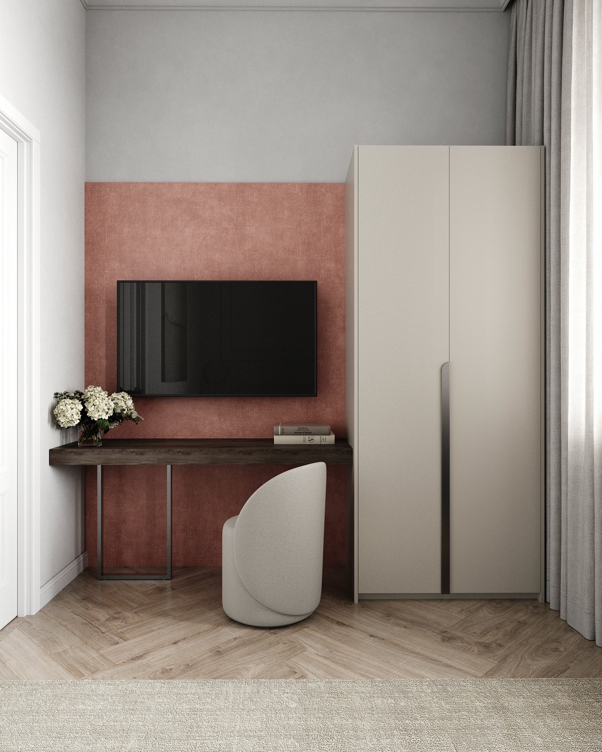 Sleeping area with a terracotta television wall, desk and wardrobe