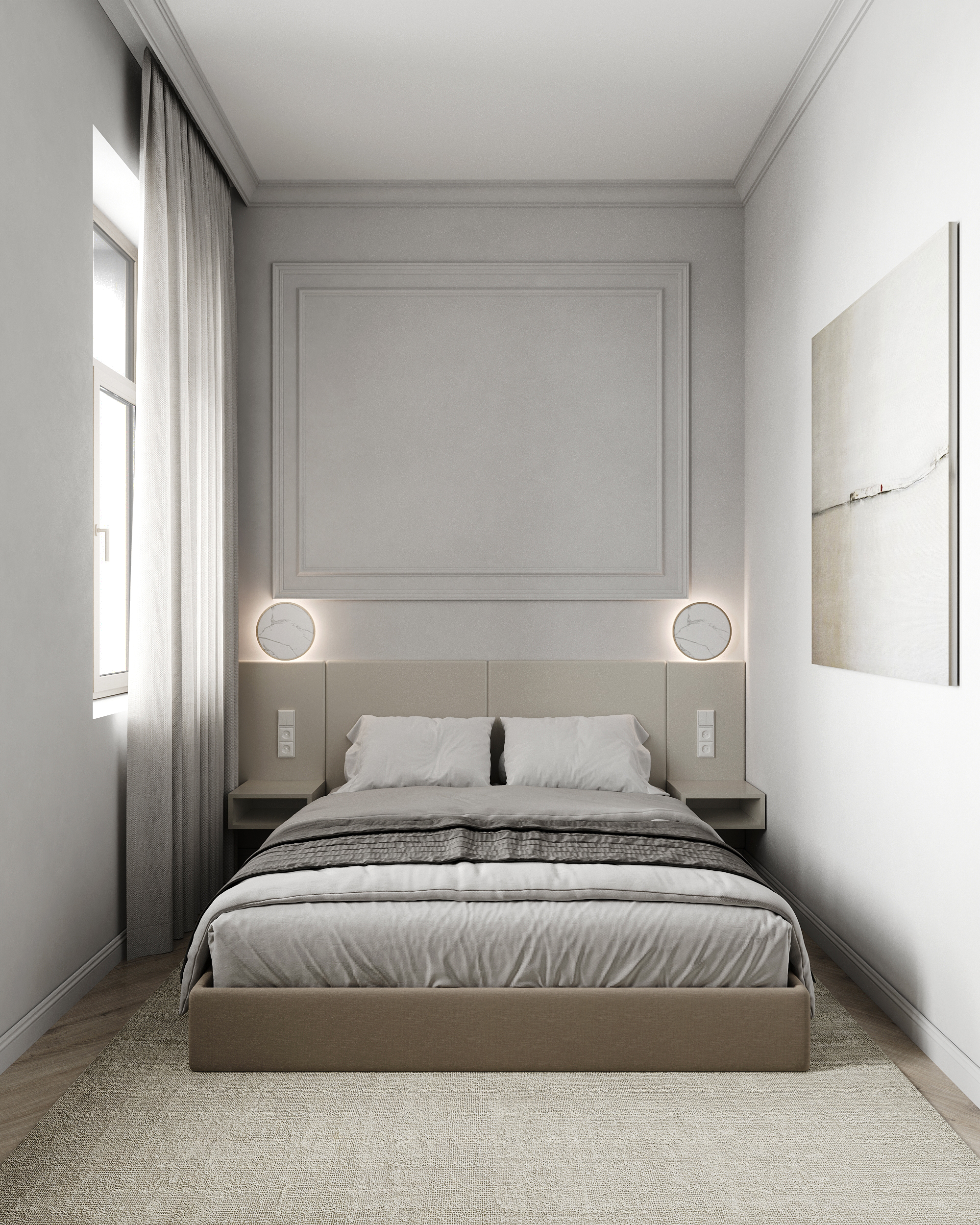Bedroom with a double bed in front of a stucco panel