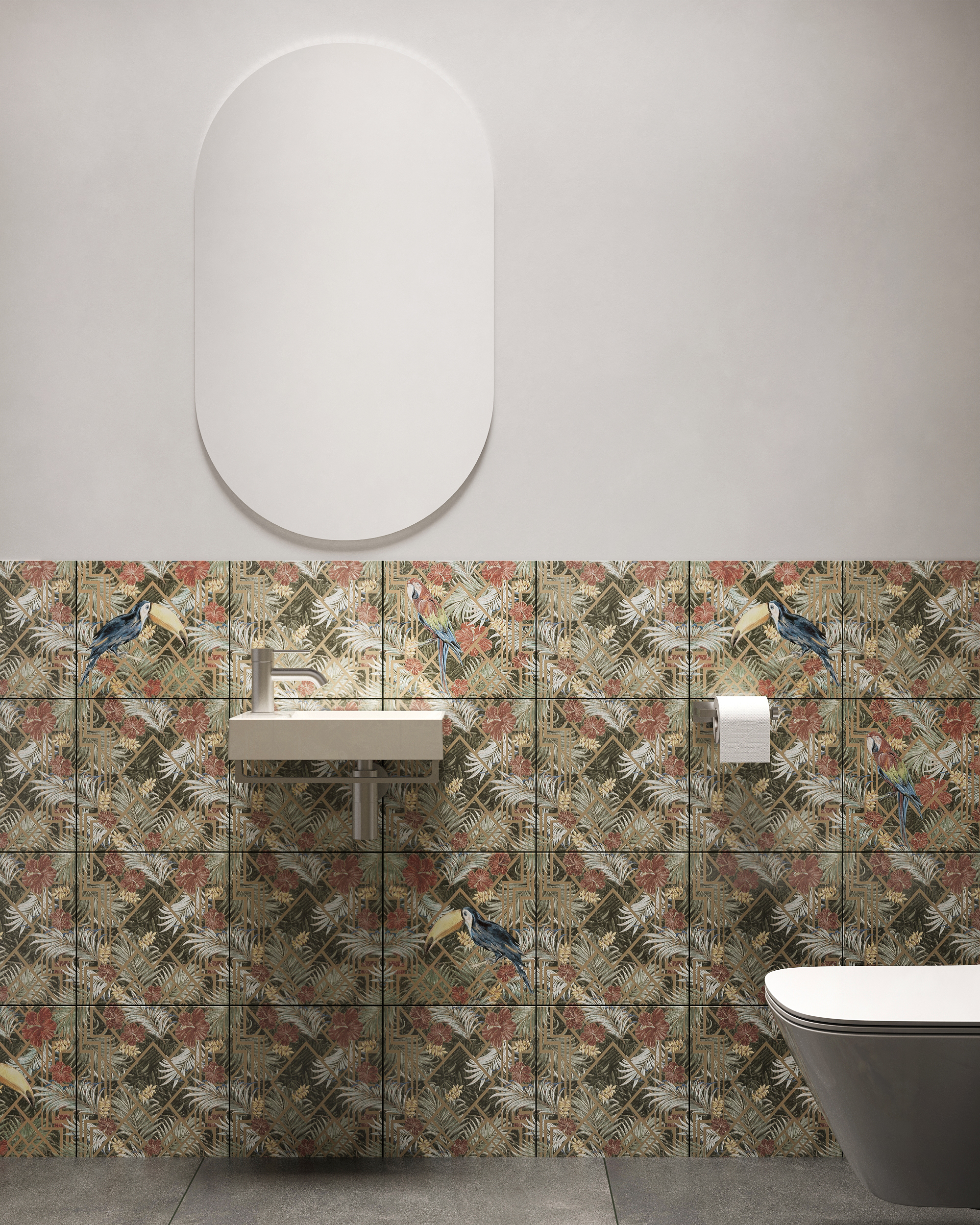 Guest WC with parrot-patterned tiles and an oval mirror