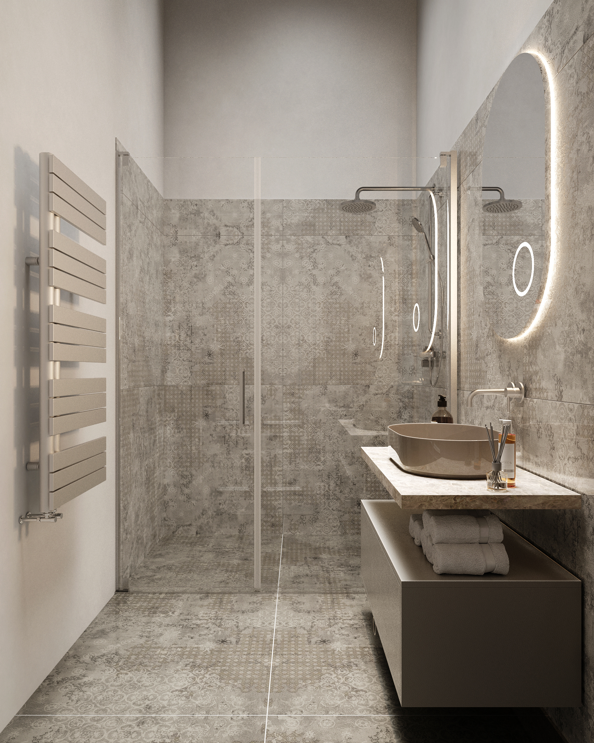 Badezimmer mit begehbarer Dusche, Waschtisch und Handtuchwärmer