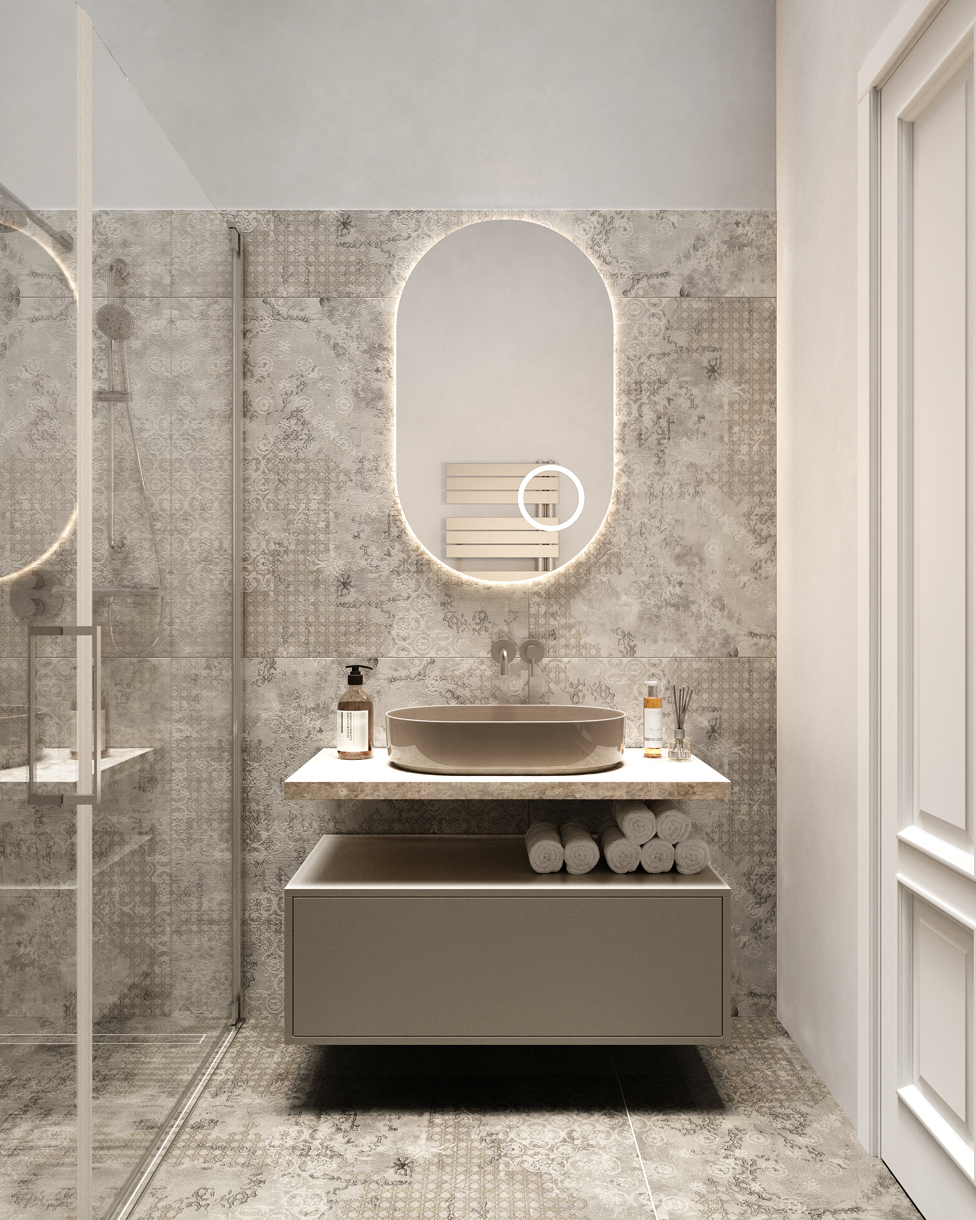 Bathroom with a walk-in shower, oval mirror and vanity unit