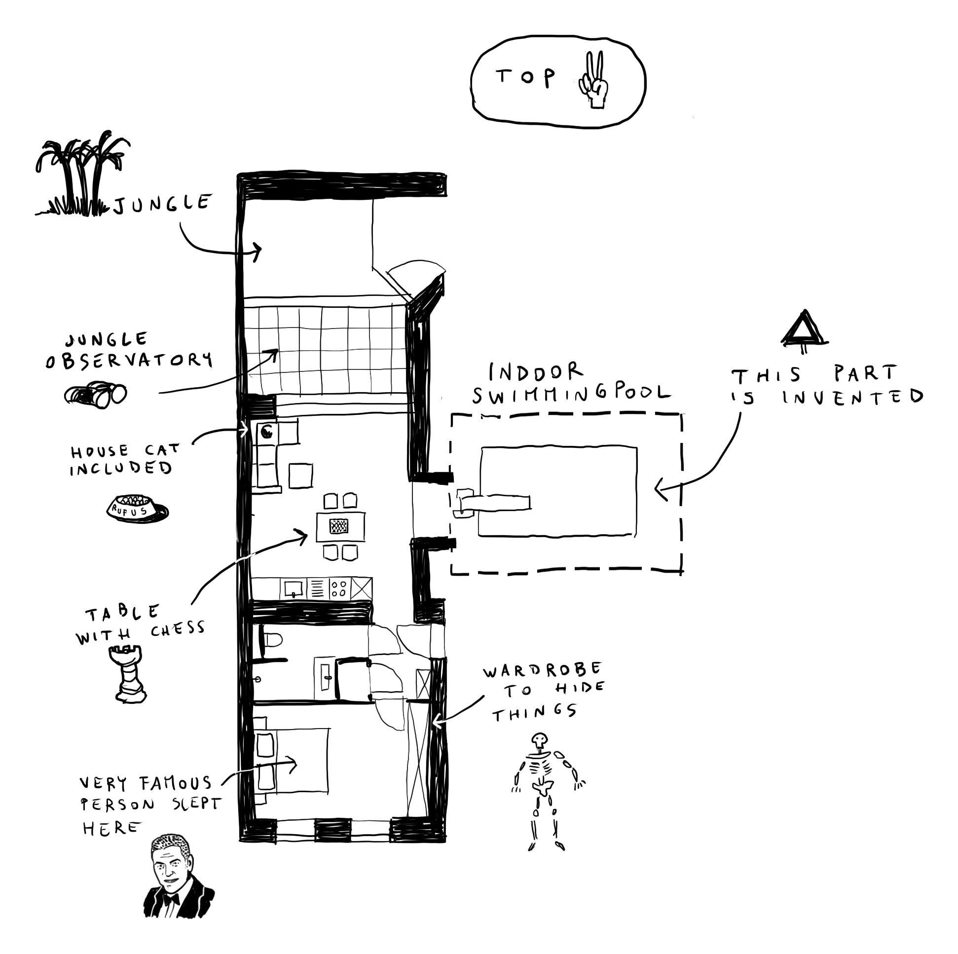 Hand-drawn floor plan: a long, narrow apartment with loggia, open-plan living and dining area with kitchen, bathroom and one bedroom. Annotated tongue-in-cheek.